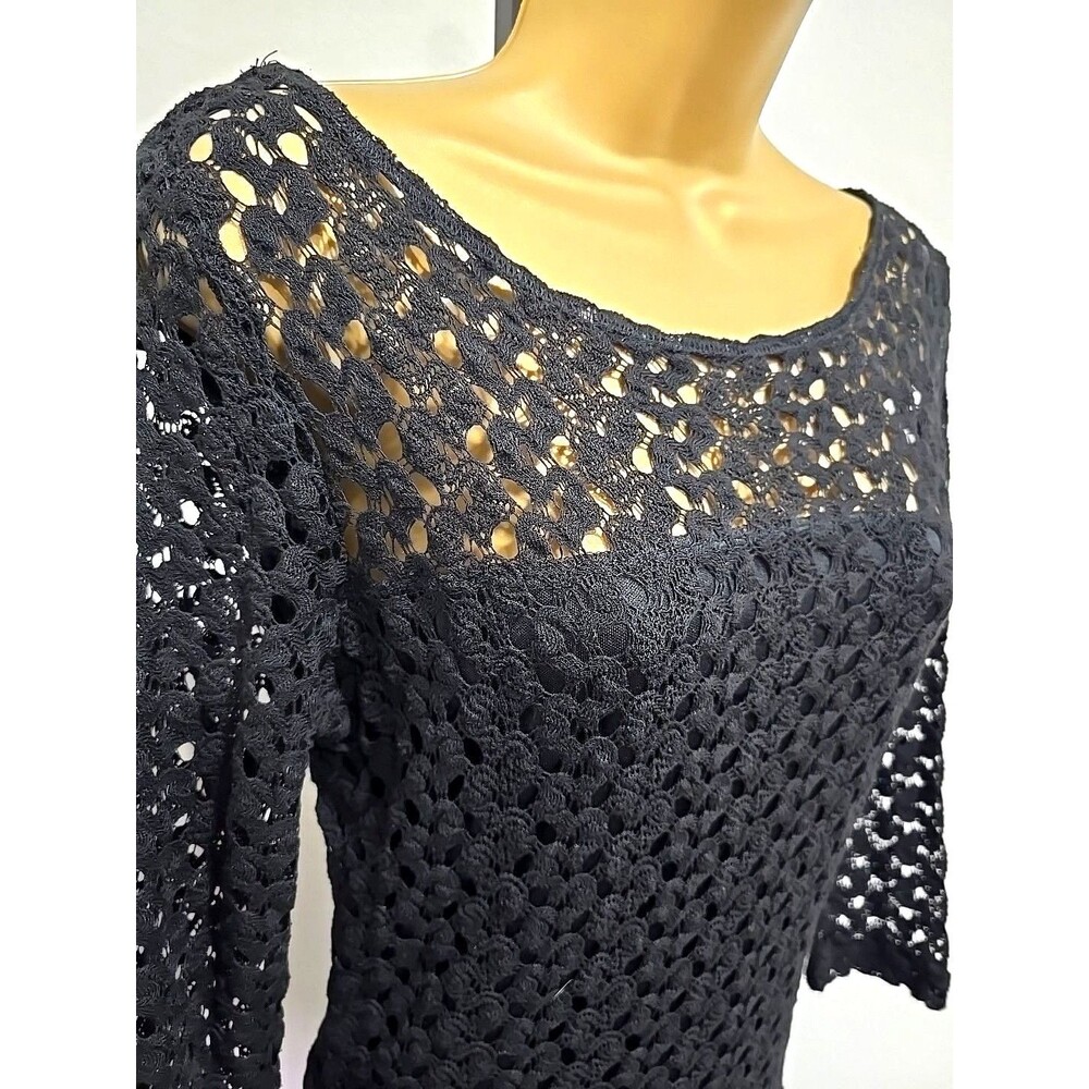 Black Open Knit Crochet Maxi Dress Med Lined Whimsigoth Boho Cottage Goth Resort